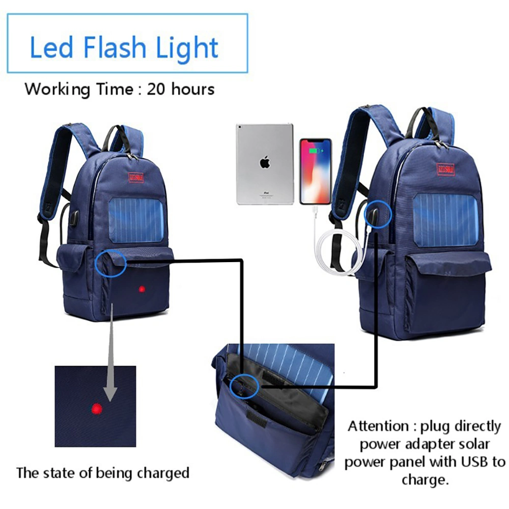 Waterproof Nylon Fabric LED Flash Light Backpack Solar Charger Sport Backpack with USB Cable (RS-190204-3)