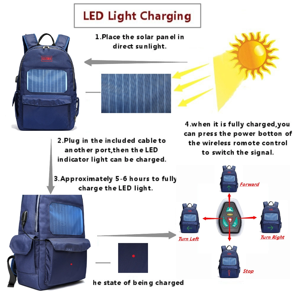 Waterproof Nylon Fabric LED Flash Light Backpack Solar Charger Sport Backpack with USB Cable (RS-190204-3)